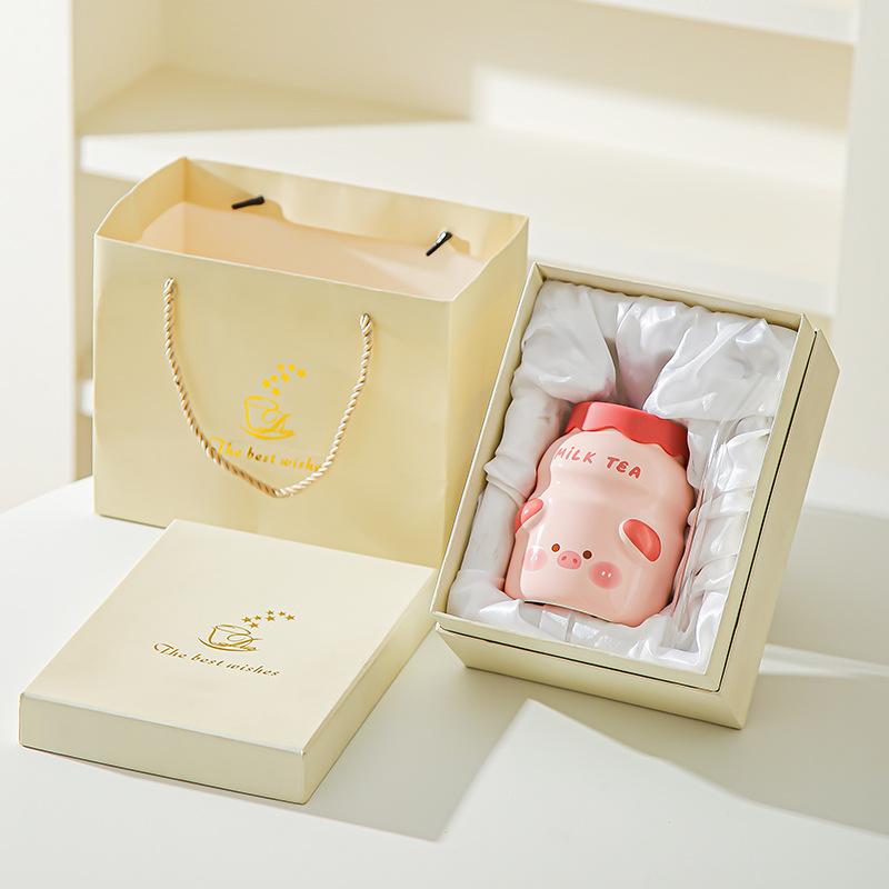 Animal ceramic straw cup with lid Summer essential water cup Girls household cup Juice cup Cold drink cup