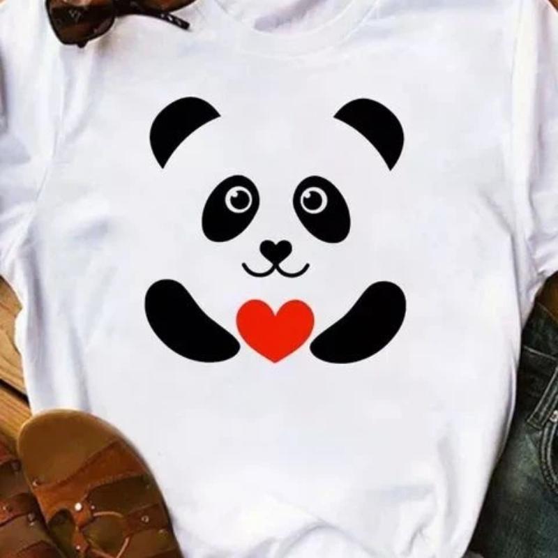 Maycaur Summer Women T Shirt Loose Tops Cute Panda Heart Print Short Sleeve Female Loose Casual T-shirt Ladies Top Tee