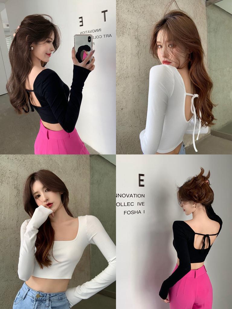 Women's Square Neck Long Sleeve Crop Top Slim Fit Elegant Commuter T-Shirt Solid Back Tie Cutout Milk Silk Y2K Hot Girl Layering Blouse