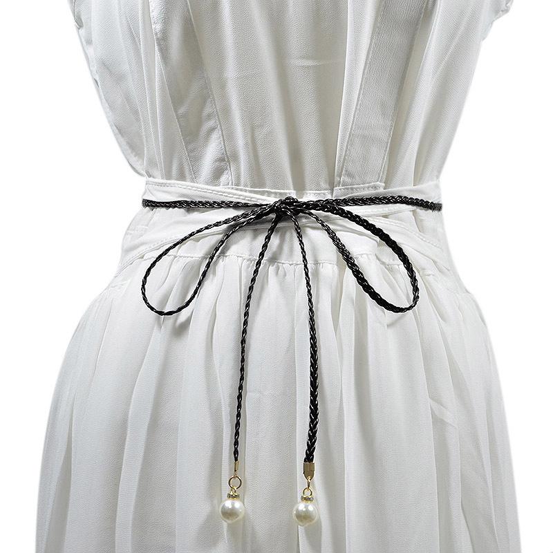 Retro Pu Braided Pearl Belt Waist Chain Versatile Women Leather Rope Waistband Waist Rope Jeans Dresses Clothing Accessories