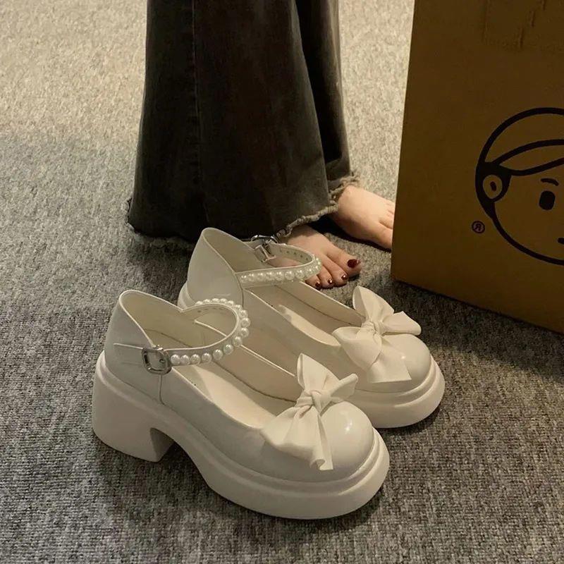 Mary Jane Shoes Women's Spring 2025 New Fashion High Heel Bow Platform Heel Pearl with Skirt Small Leather Shoes