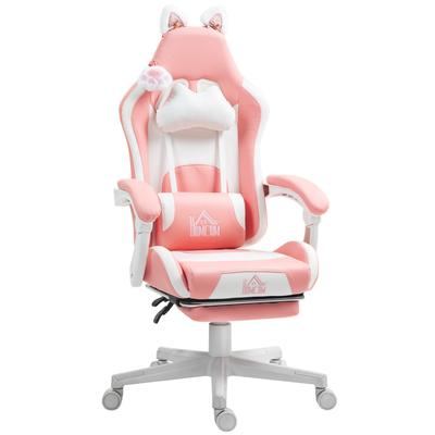 Gaming-Stuhl mit Katzenohren, verstellbare Rückenlehne, ausziehbare Fußstütze, bis 120 kg, Rosa/Weiß