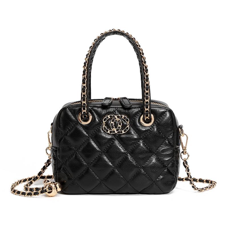 Genuine Leather Style Quilted Bag Handheld Camera Bag High-End Top Layer Leather Quilted Chain Bowling Bag Crossbody Bag 18*7*14