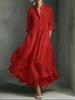 Women Solid Color Stand Collar V Notch Long Sleeve Tiered Ruffle Maxi Dress Casual Loose Fit Dress