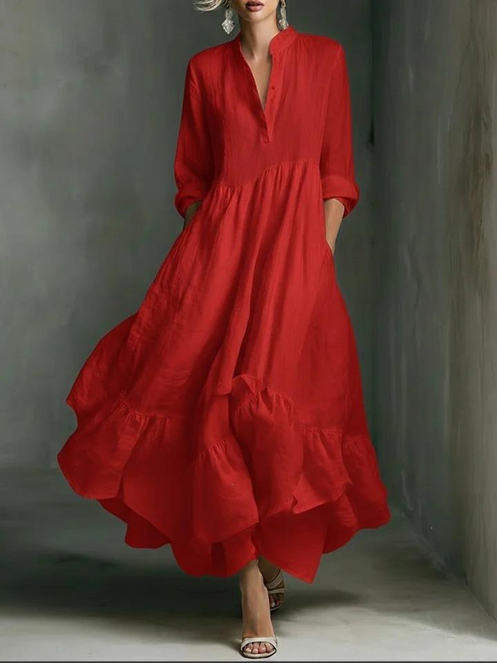 Women Solid Color Stand Collar V Notch Long Sleeve Tiered Ruffle Maxi Dress Casual Loose Fit Dress