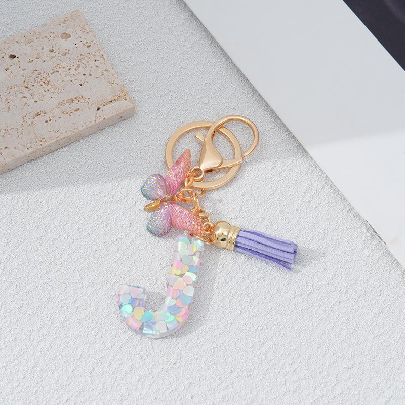 Heart & Alphabet Keychain with Butterfly and Tassel Bag Charm