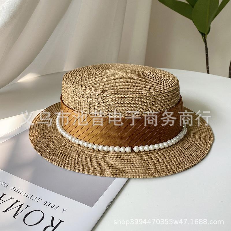 French celebrity style flat top top hat new summer elegant pearl straw seaside sun hat children