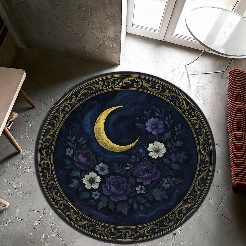

Elegant Full Moon Round Rug – Celestial Night Sky Carpet with Clouds and Golden Botanical Accents for Mystic Boho Home Decor 60cmx60cm
