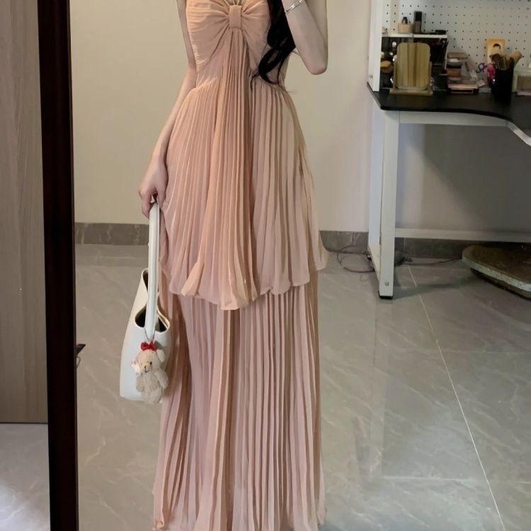 Pure Desire Suspender Sexy Dress Long Dress Design Waist Seaside Irregular Vacation Thin Thin Pleated Dress