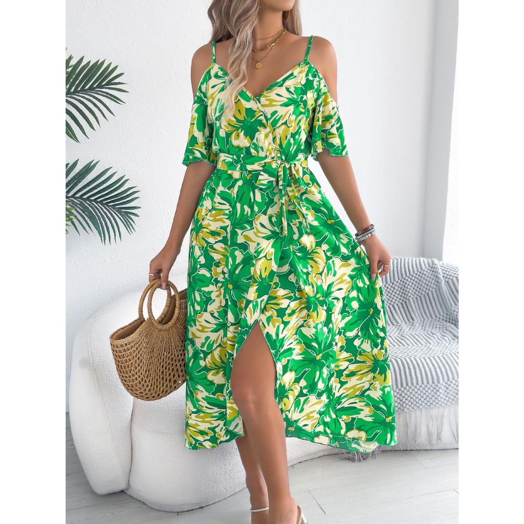 2025 New Fashion Trend Spring Summer Off-the-shoulder Crossover V-Neck Flower Suspendron Maxi Dress Resort Dress Women's