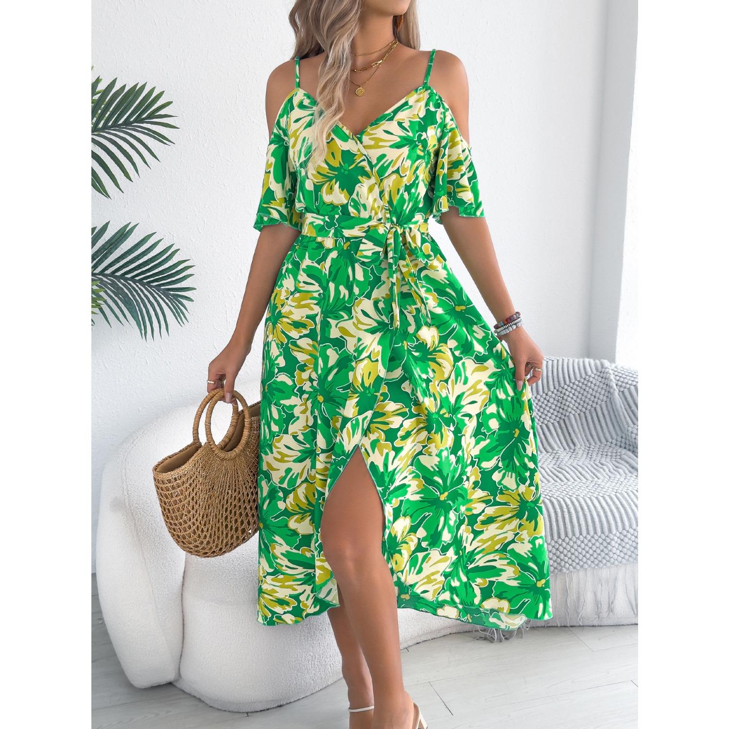 

2025 Новый модный тренд весна-лето с открытыми плечами, перекрещивающимся V-образным вырезом, цветочным принтом и подтяжками, макси-платье, курортное платье для женщин XL зелёный