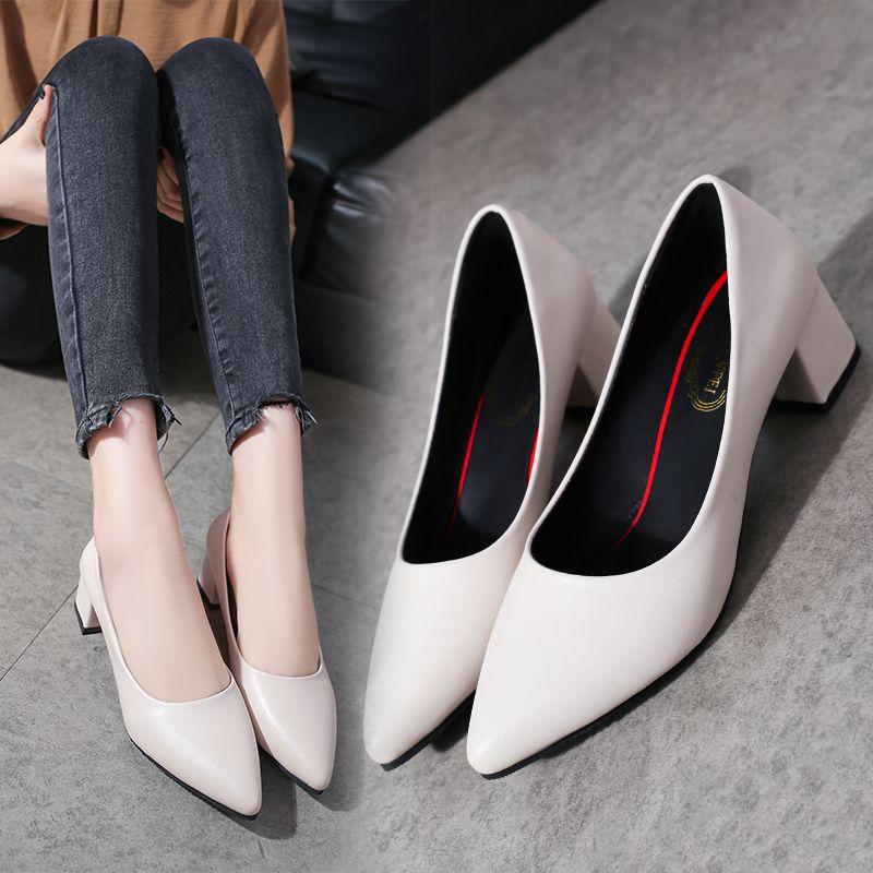 Fashion Pointed Toe Square Heels Women's Shoes with Medium Block Heel Shallow Ladies Footwear Formal Red Chunky Lastest Elegant Dress A