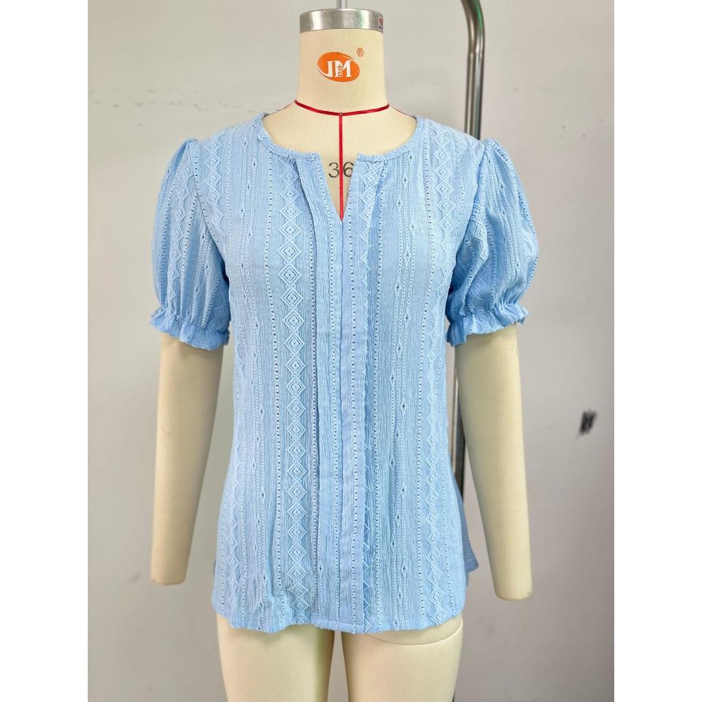 Spring Summer New Women's Solid Color V-neck Loose Puff Sleeve Jacquard T-shirt Top For Cross-border Export