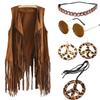 60s 70s Hippie Tassel Outfits for Women Cosplay Costume Set Peace Sign Earring Headband Fringe Vest Stage Performance Cardigan