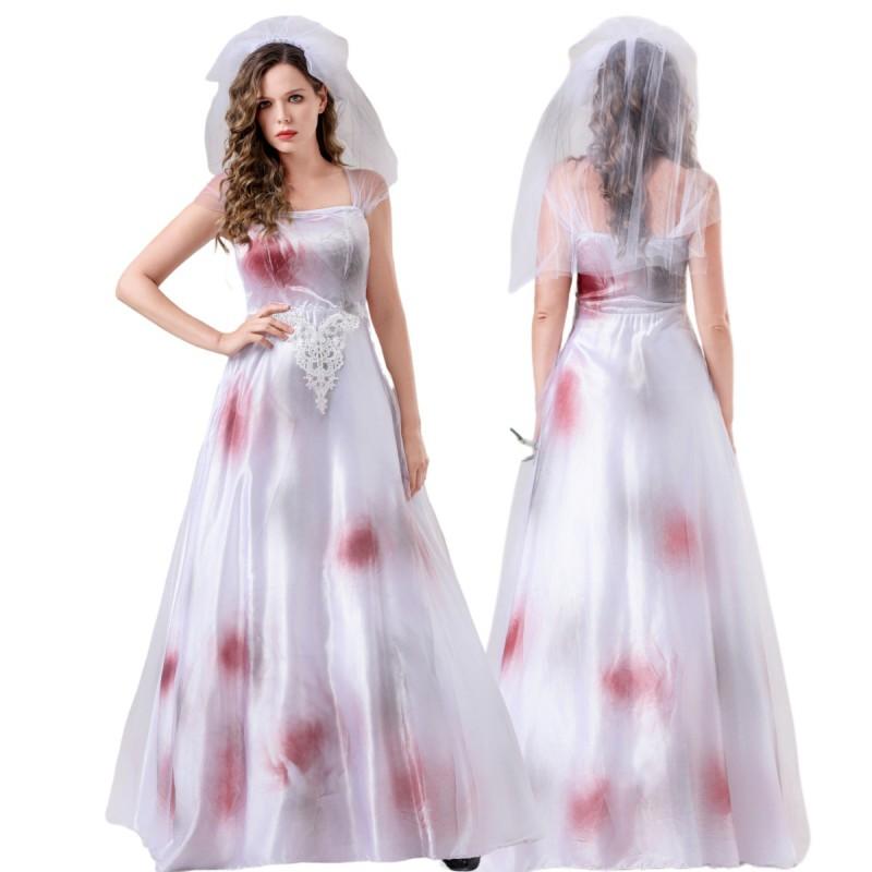 Halloween Ghost Bride Wedding Dress Role Play Costume Womens White Horror Themed Party Outfit