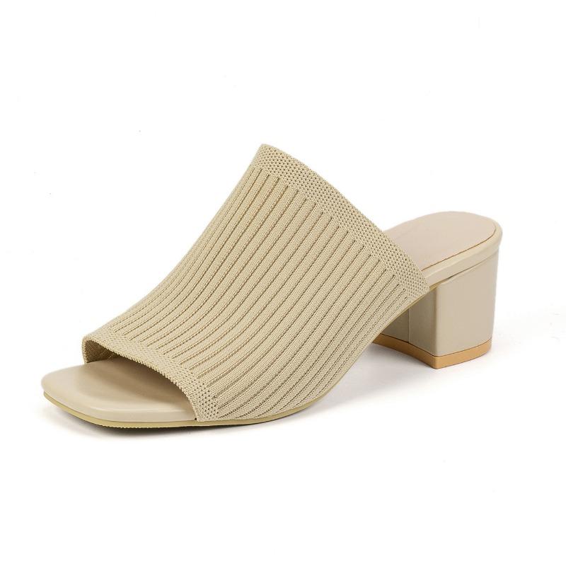 High-heeled Cool Slippers Women's Summer New Outer Wear High-end Knitted Square Head Large Size 4142 Thick Heel Trendy