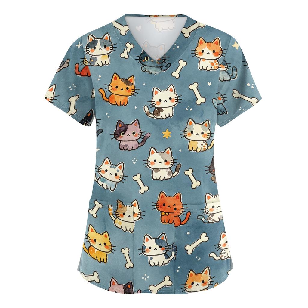 Women's V Neck Short Sleeve Work Top with Pockets Animal Print Professional Uniform Shirt for Healthcare Nursing Staff
