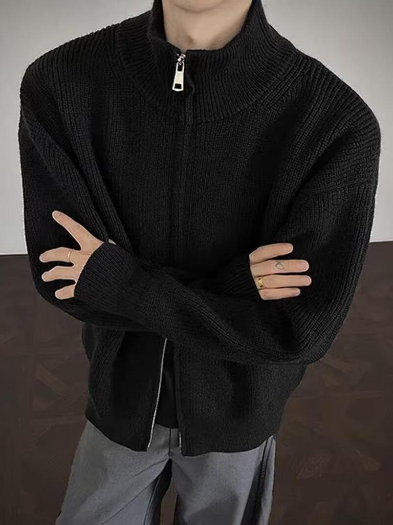 Men's Korean Knit Cardigan Jacket - Autumn/Winter Trend, Solid Stand Collar Sweater, High-End Feel, Lazy Style.
