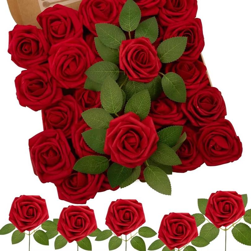 PE Foam Rose With Leaf Artificial Flowers Festival Wedding Bride Bouquets DIY Gifts Wreath Home Outdoor Garden Party Table Decor