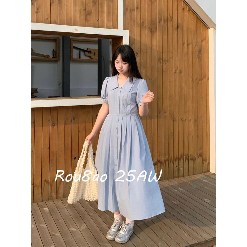 Rou8Ao Plus-Size Women's French-Style Short-Sleeve Dress 2026 Summer Slimming Waist-Cinching Doll Collar Long Dress for Curvy Women