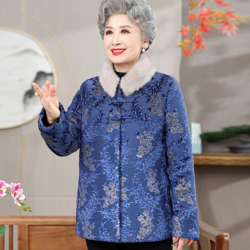 Elderly mother autumn and winter velvet thickened padded jacket grandma wear winter padded jacket female old lady retro Tang suit