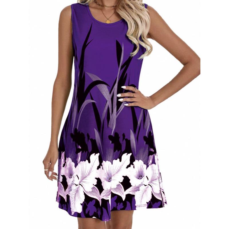

DAFIFY Женская мода Лето Весна Цветочный принт Без рукавов Круглый вырез Свободная талия Повседневные платья XXL фиолетовый