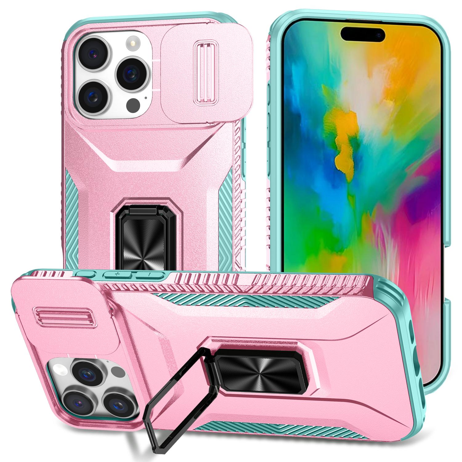 

For iPhone 16 Pro Case Kickstand TPU+PC Phone Cover with Slide Lens Shield B