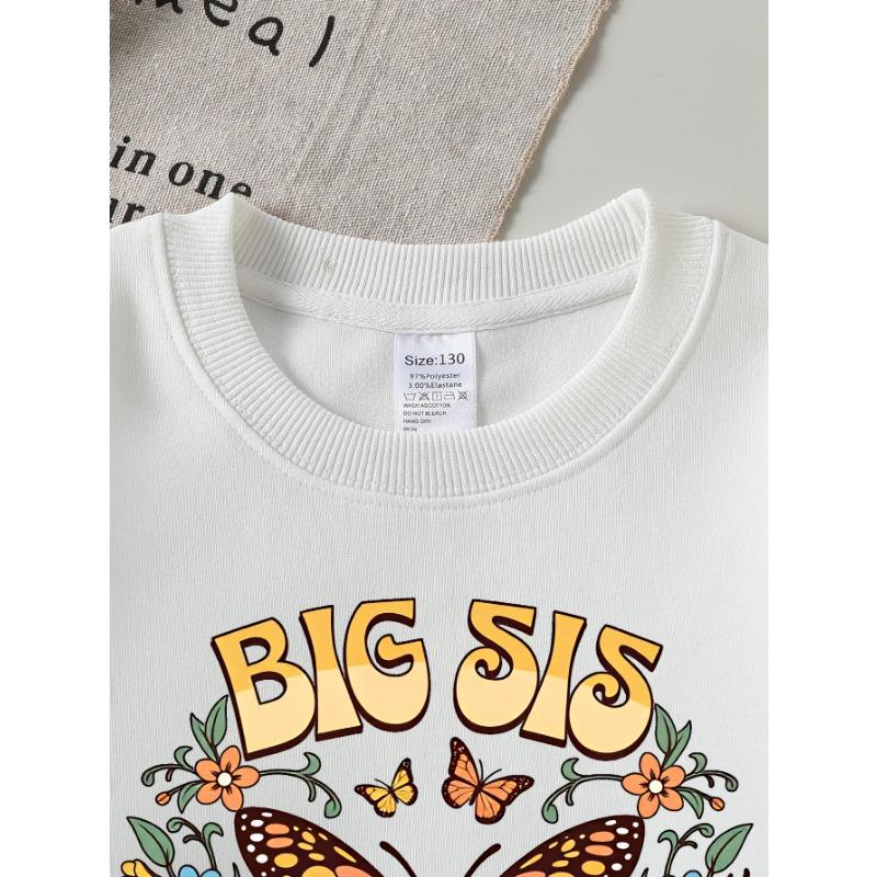 European Sizes Girls' Soft Crewneck Sweatshirt Big Sister Butterfly Floral Design, Casual for Fall Winter, Ideal Holiday Present.