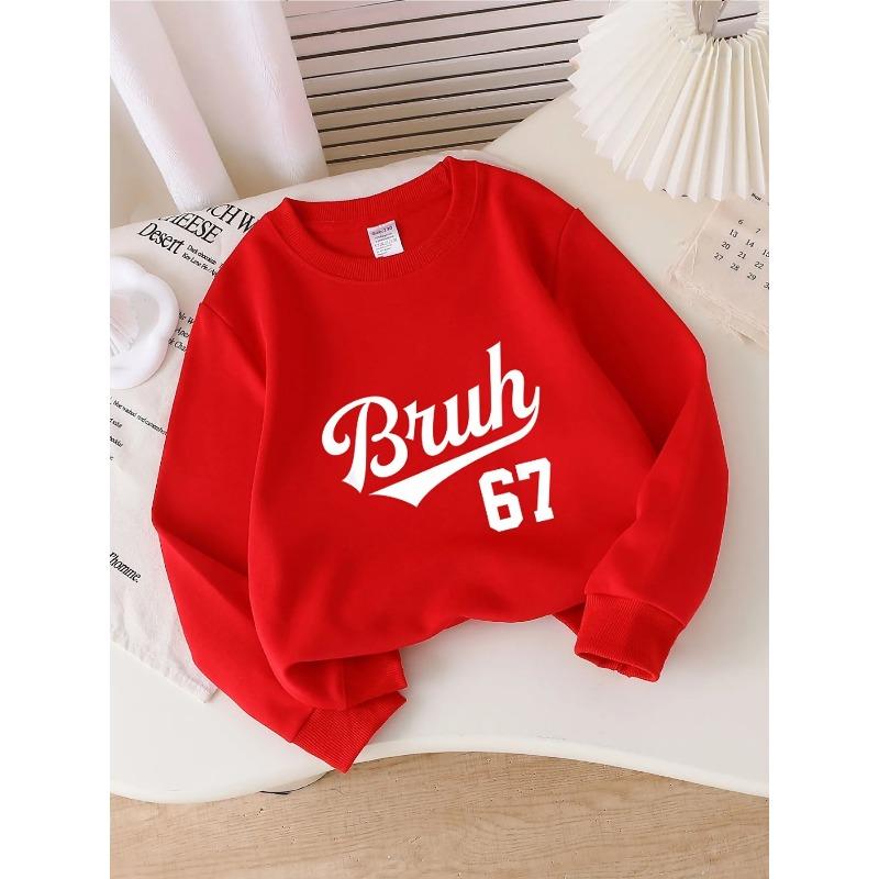 Kids Unisex Crewneck Sweatshirt, Vintage Script "Bruh" With Number 67 Varsity Font Print Light Pink Soft Fleece Pullover