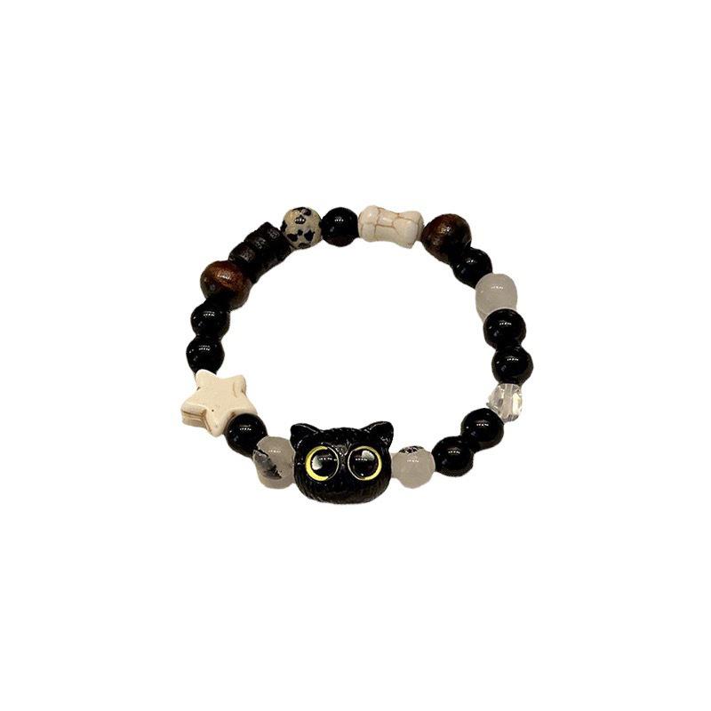 Retro Black Big-Eyed Cat Beaded Bracelet - Simple, Unique, and Versatile Style for Best Friends