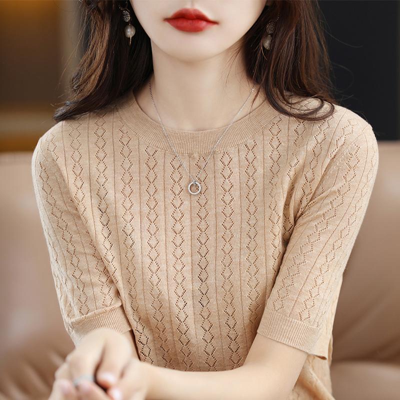 Ice Silk Short Sleeved T-shirt Women's Summer Round Neck Hollow Out Loose and Versatile Knitted Half Sleeved Base Shirt Top