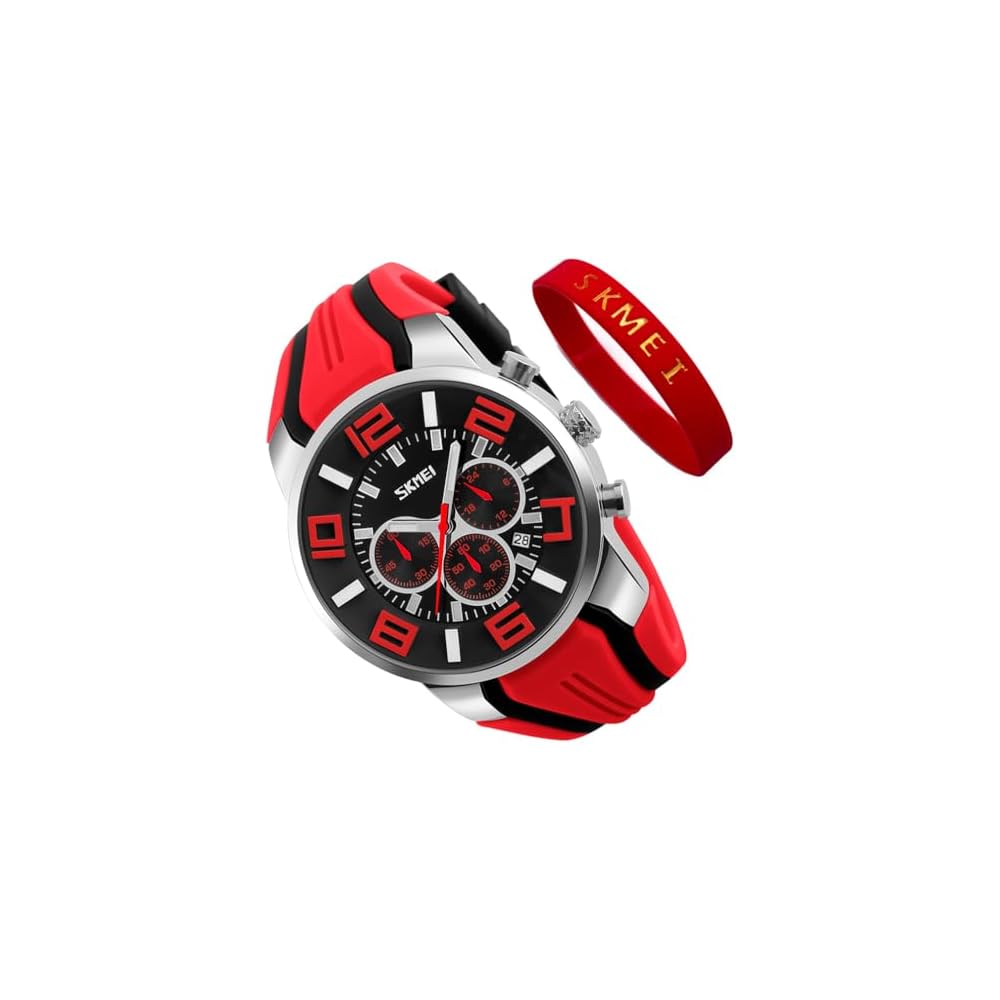 Men s Big Face Silicone Sports Watch Waterproof Chronograph Analog Date Red