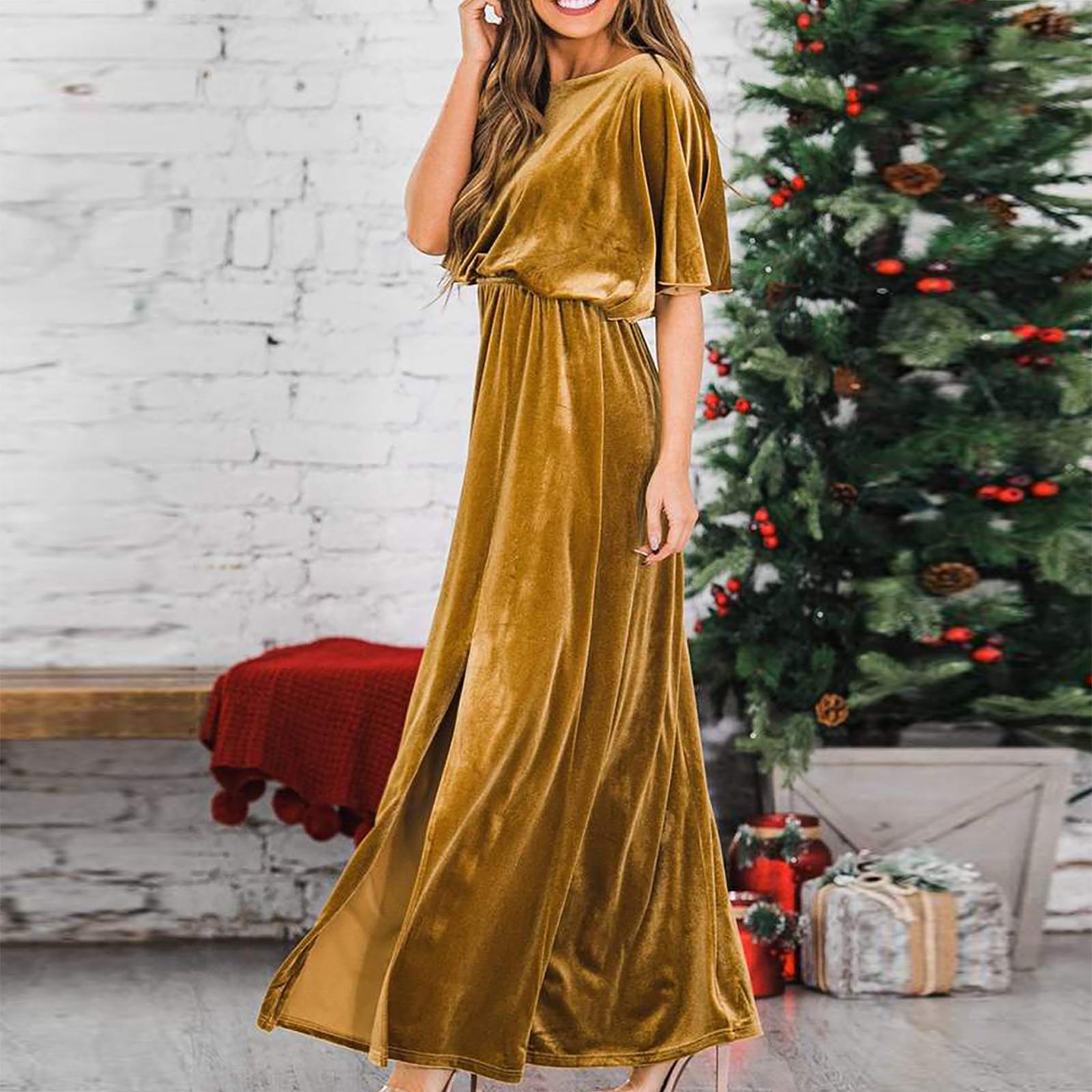 Женское модное сексуальное золотое бархатное вечернее платье с круглым вырезом и высоким разрезом S золотой