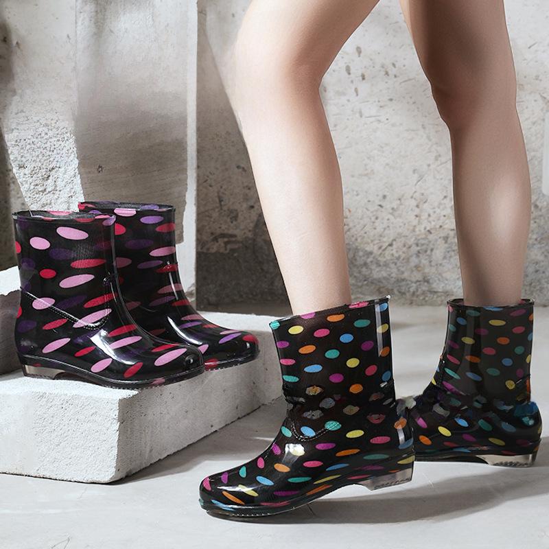 Women's Floral Crystal Rain Boots: Mid-Tube, Thick Rubber, Transparent Sole, Waterproof Kitchen Shoes