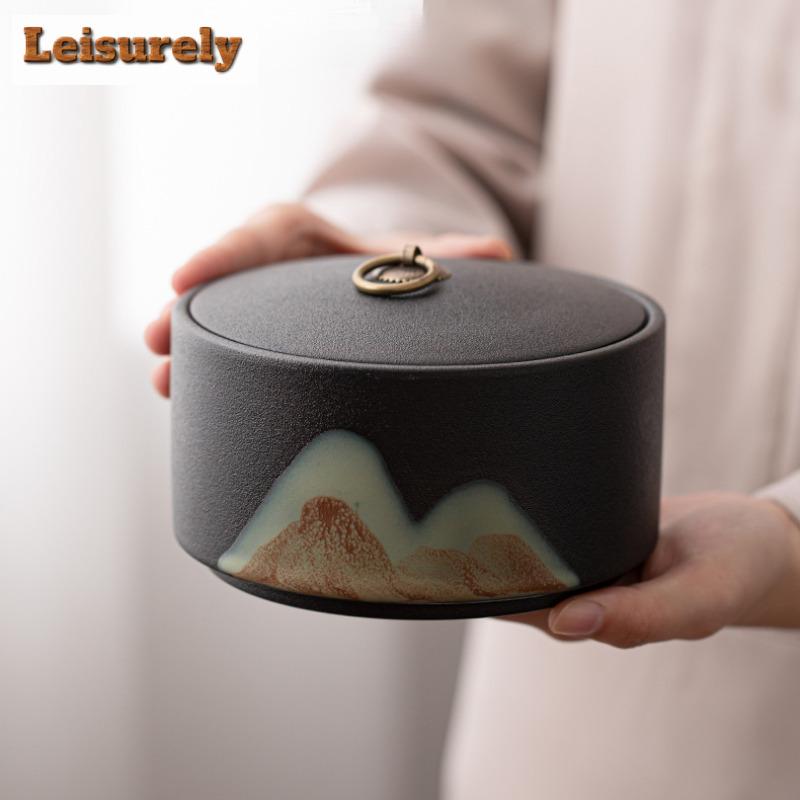 Glazed Painting Colorful Mountains Tea Box Organizer Moisture-proof Japanese Storage Tank Containers Tea Caddy Teaware Ornaments