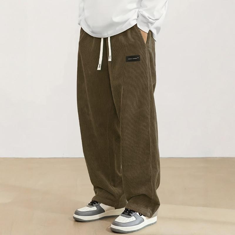 Men'S Corduroy Straight Leg Pants with Drawstring Waist, Pockets, and Logo Design  Stretchy Casual Fit for Everyday Wear Spring