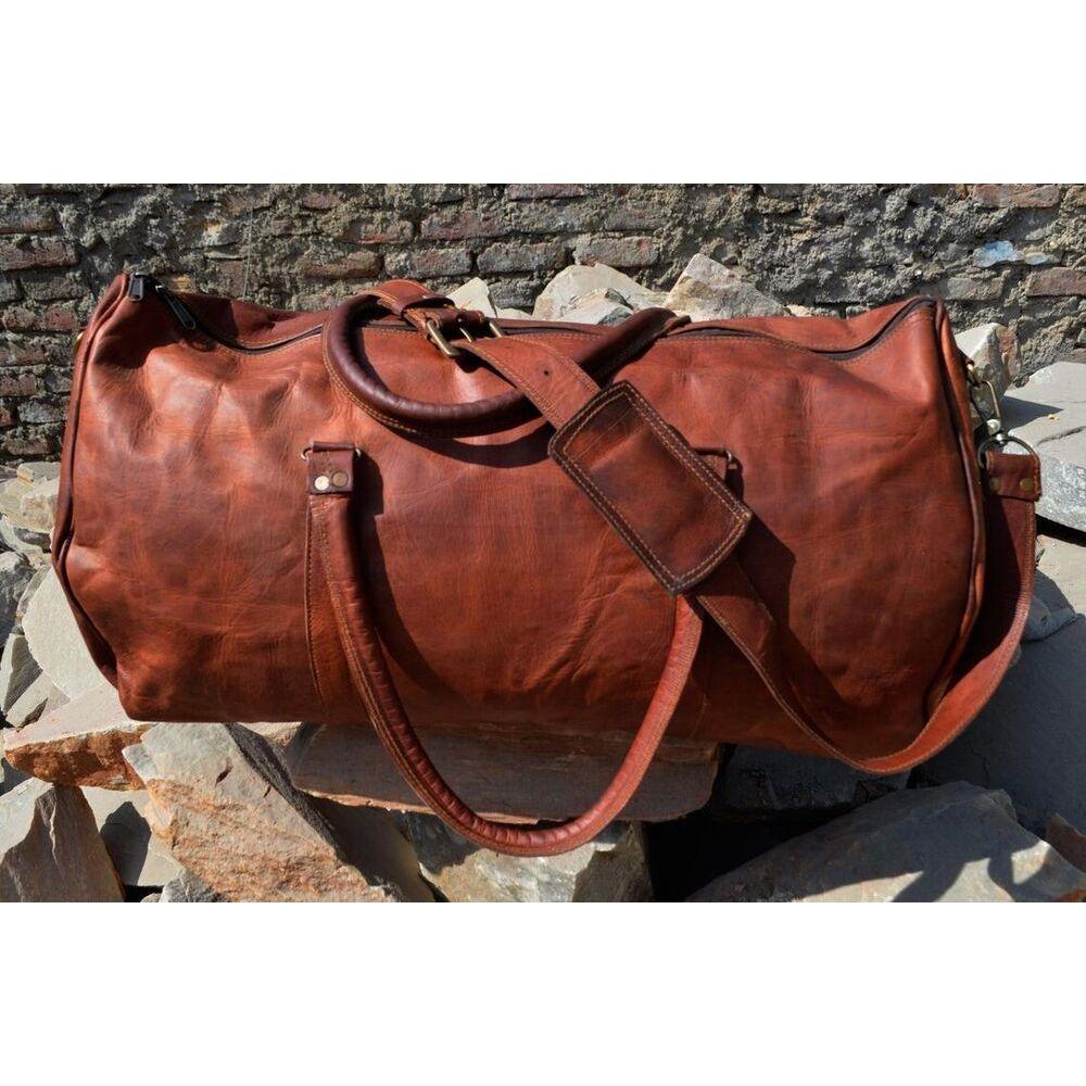 Men's Leather Goat Luggage Travel Gym Genuine Brown Overnight Bag Duffle
