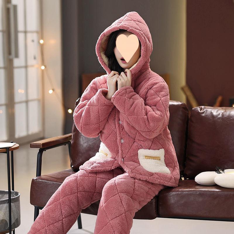 Dámské pyžamo třívrstvé zesílené a roztomilé zimní lze nosit velká velikost teplé polstrované domácí oblečení