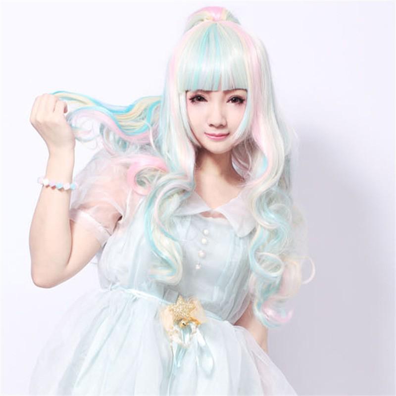 Lolita Cos Wig Set 3-Piece Colorful Gradient Twin Tails Curly With Claw Clips Anime Role Play