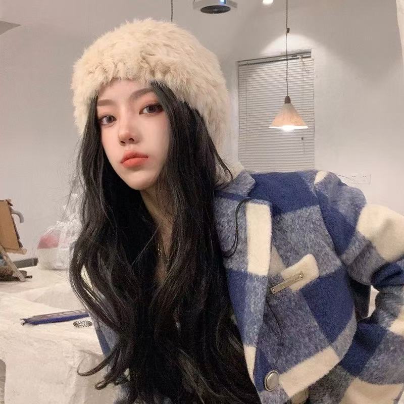 Thickened and Warm Real Rabbit Plush Fur One Piece Knitted Hat for Women In Winter  Versatile Knitted Toe Cap Woolen Hat for Cold Protection