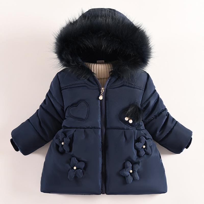 

Flowers Autumn Winter Girls Jacket Fur Collar Keep Warm Little Princess Coat Hooded Zipper Baby Outerwear 1-5 Years Kids Clothes 120