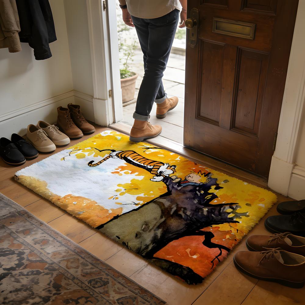 Calvin Und Hobbes Selbstklebende Kunst Bodenmatte Weiche Flanell-Absorbierende Matte Rutschfester Teppich Zuhause Schlafzimmer Badezimmer