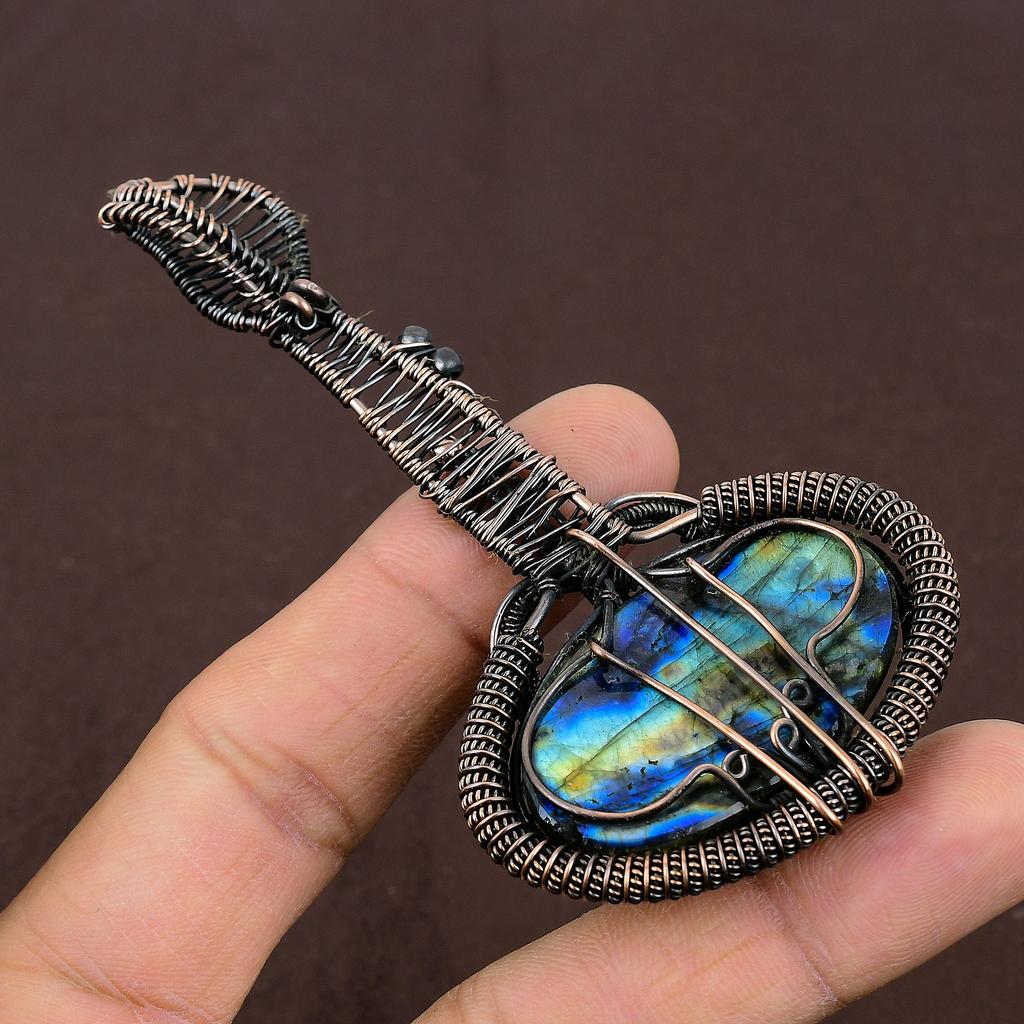 Labradorite Handmade Copper Wire Wrap Guitar Pendant 3.1" j1Q83