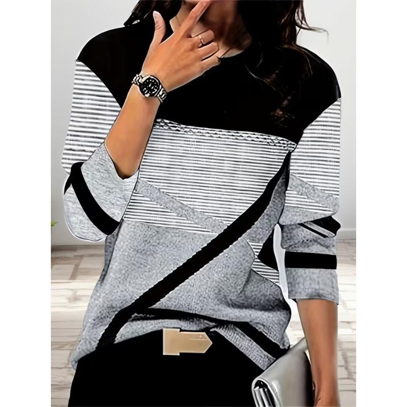 Women's new fashion casual round neck striped printed long-sleeved T-shirt