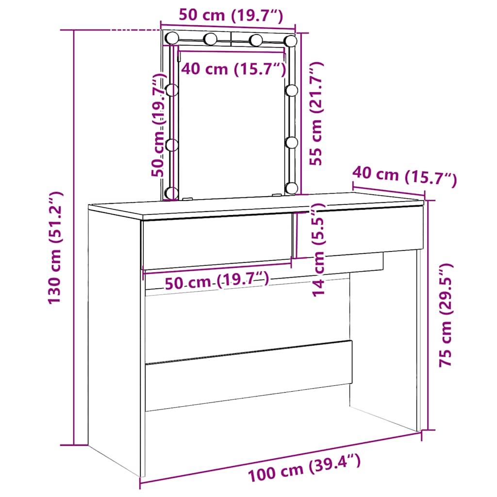 Makeup Table with LED Lighting Gray Sonoma 100 x 40 x 130 cm