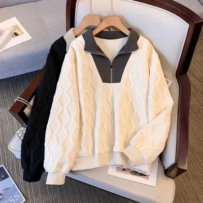 Fashionable Design Stand Collar Half Zipper Contrast Color Sweater Women's Autumn Loose and Versatile Casual Pullover