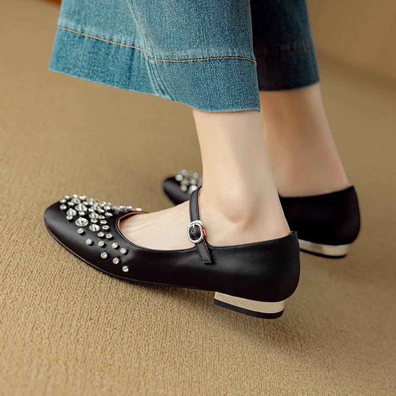 Krazing Pot Sheepskin Summer Autumn Size 40 Low Heels Crystal-studded Mary Janes Square Toe Gladiator Shallow Pumps