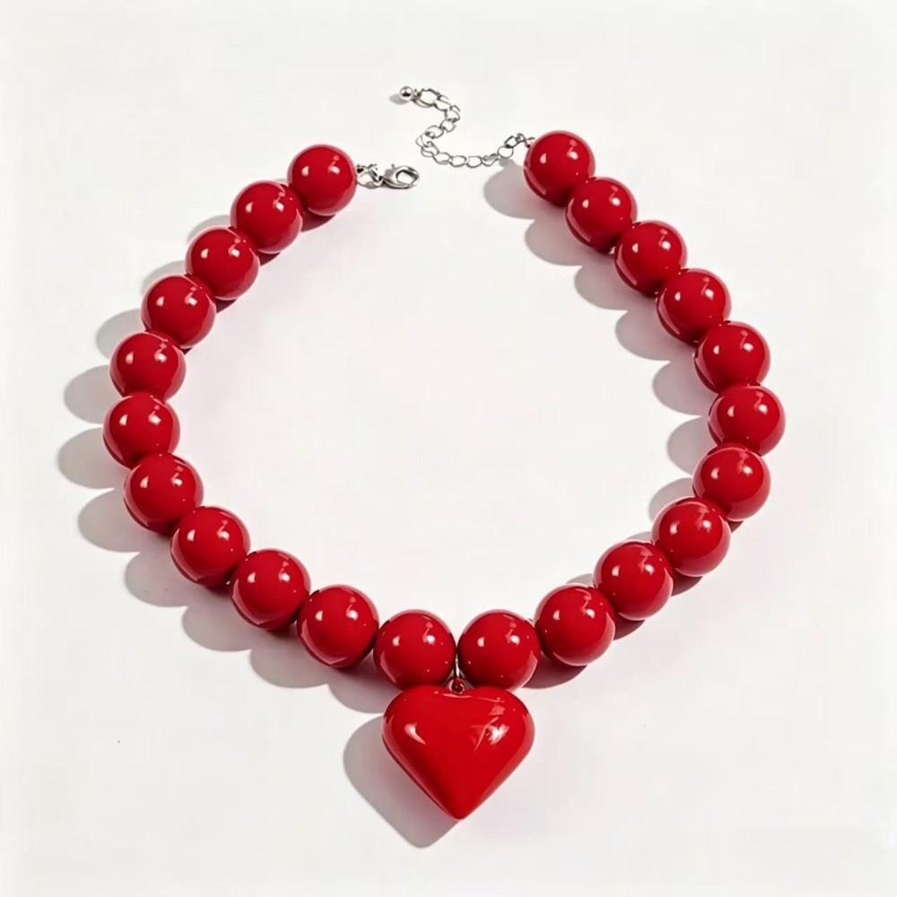 Ideal Gift Acrylic Beaded Necklace Round Oversized Heart Pendant Choker Exaggerated Solid Cream Color Clavicle Chain Daily Wear