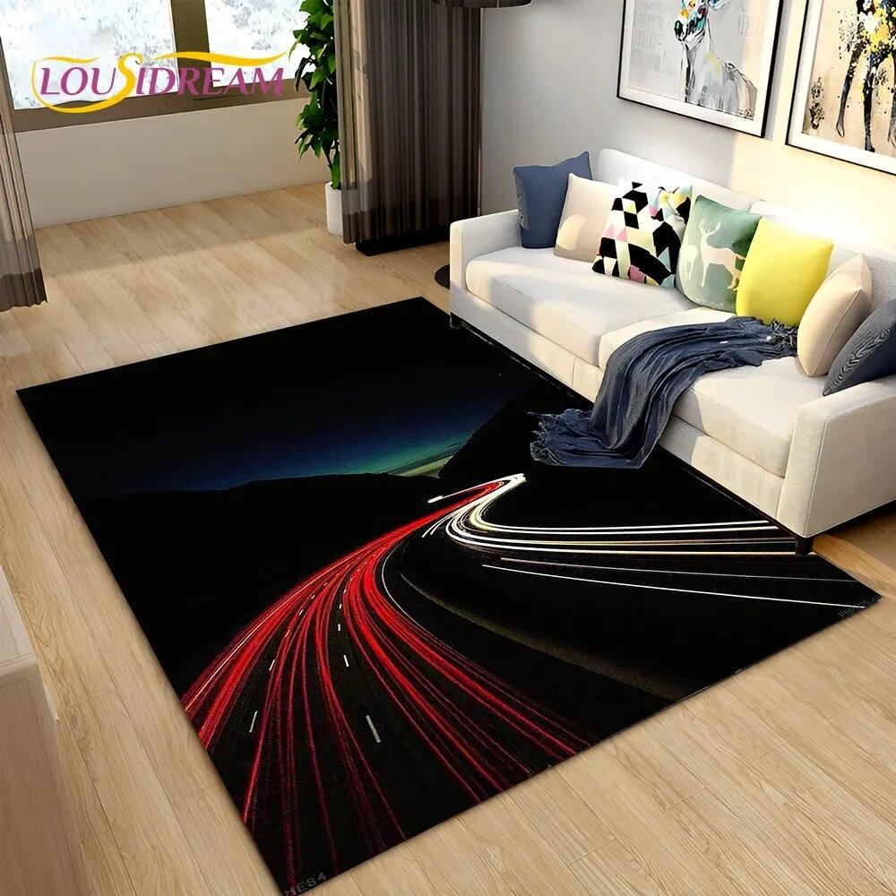 3D Neon Expressway Track Road Area Rug Large,Carpet Rug for Home Living Room Bedroom Sofa Doormat Decor,Kids Non-slip Floor Mat