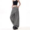Retro British Style Plaid Striped High-Waist Wide-Leg Trousers